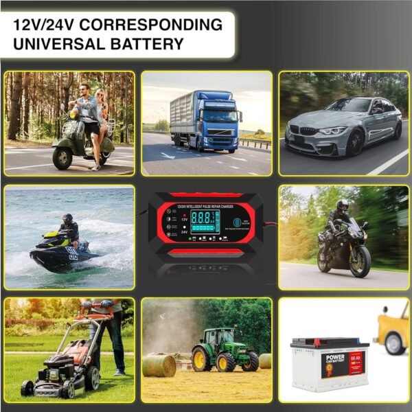 81-jjSvporL._AC_SL1500_.jpg 10 A nabíjačka autobatérií, 12 V/24 V Smart – plne automatická nabíjačka do auta s LCD displejom, vhodná pre osobné a nákladné automobily, motocykle, kosačky na trávu, člny a lodné batérie
