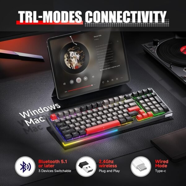 KEMOVE K68 60 % herná bezdrôtová klávesnica, 2,4 GHz / Bluetooth / USB s káblom – mechanická herná klávesnica s funkciou Hotswap a spínačmi Gateron Red, rozloženie QWERTY, RGB klávesnica pre PC – čierna