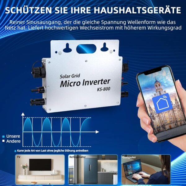 Menič 800 W – menič IP65 vodotesný – solárny menič s aplikáciou WLAN pre 2 solárne moduly pre balkónovú elektráreň, menič pre balkónovú elektráreň 190–270 V AC, strieborný