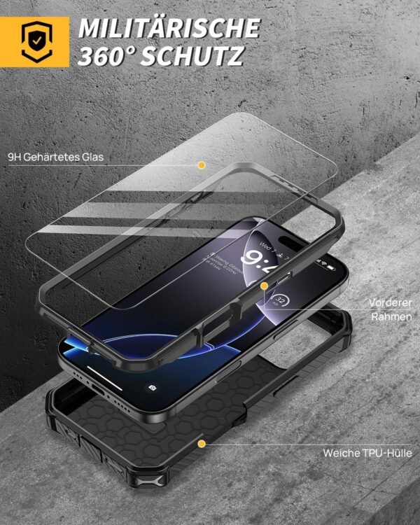 81LHlSvfrL._AC_SL1500_.jpg Puzdro Lanhiem pre iPhone 16 Pro Max s 2 ochrannými fóliami, ochranné puzdro so stojanom 360°, vojenské puzdro odolné proti nárazom pre iPhone 16 Pro Max, čierne