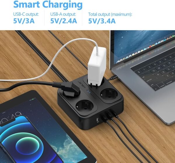 3 m predlžovací kábel, JSVER – viacnásobná zásuvková lišta so 4 priehradkami, 3 portmi USB A a 1 portom USB C, rozbočovač so vypínačom, montáž na stenu, prepäťová ochrana, predlžovací kábel pre domácnosť a kanceláriu, čierny