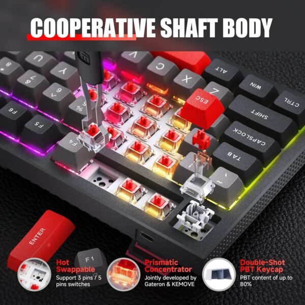 KEMOVE K68 60 % herná bezdrôtová klávesnica, 2,4 GHz / Bluetooth / USB s káblom – mechanická herná klávesnica s funkciou Hotswap a spínačmi Gateron Red, rozloženie QWERTY, RGB klávesnica pre PC – čierna