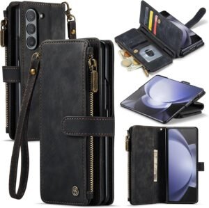 81b8k2FzQiL._AC_SL1500_.jpg UEEBAI Puzdro na mobil pre Samsung Galaxy Z Fold 5 5G, retro puzdro na zips z PU kože, mäkké puzdro s klapkou, magnetické zapínanie, priehradka na karty, funkcia stojana, peňaženka s remienkom na nosenie, ochranné