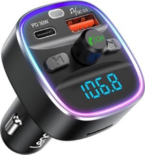 LENCENT Bluetooth 5.4 FM vysielač – adaptér do auta 48 W [PD 30 W a 18 W] [7 farieb osvetlenia] [rýchle nabíjanie] bezdrôtový rádiový adaptér pre prehrávanie hudby a hands-free zariadenia, podporuje USB zariadenia