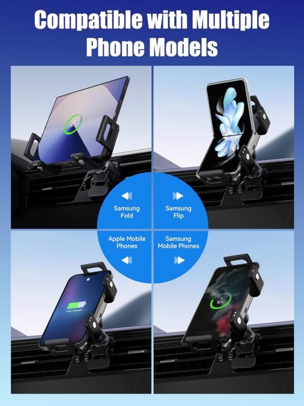 Držiak na mobilný telefón do auta pre Galaxy Z Fold/Flip s funkciou nabíjania, podporuje rýchle nabíjanie Qi 15 W s automatickým otočením o 90°, kompatibilný s modelmi Samsung Galaxy Z Fold/Z Flip 7/6/5/4/3/2, S25/S24