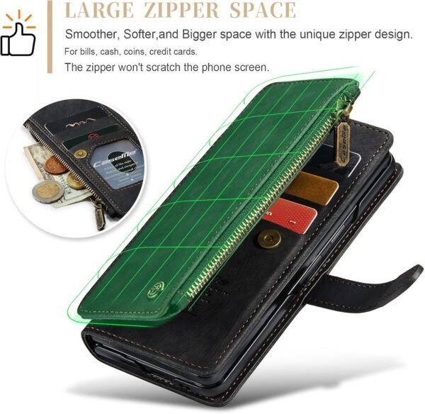 81sH8Ph5BL._AC_SL1500_.jpg UEEBAI Puzdro na mobil pre Samsung Galaxy Z Fold 5 5G, retro puzdro na zips z PU kože, mäkké puzdro s klapkou, magnetické zapínanie, priehradka na karty, funkcia stojana, peňaženka s remienkom na nosenie, ochranné