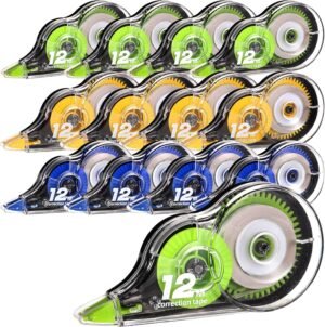 Lanjue korekčný roller 12 ks — korekčná páska 5 mm x 12 m s ochranným viečkom, 3 farby