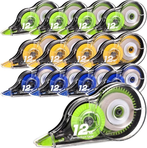 Lanjue korekčný roller 12 ks — korekčná páska 5 mm x 12 m s ochranným viečkom, 3 farby