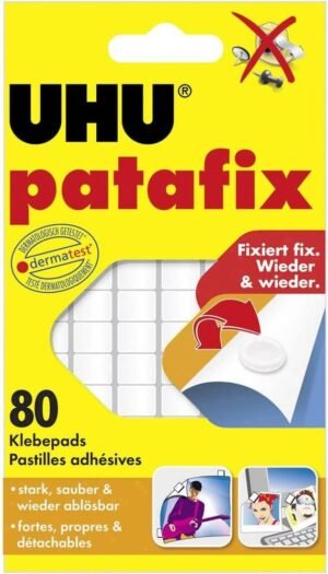 UHU patafix — 80 bielych lepiacich podložiek, opakovane použiteľné a odnímateľné