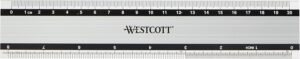 Westcott E-10190 00 — hliníkové pravítko 20 cm s protišmykovou úpravou a stupnicou cm aj palce