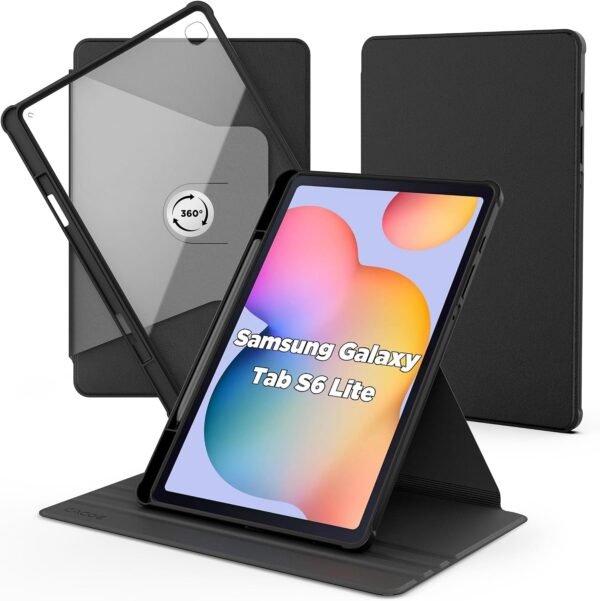 CACOE — otočné puzdro na Samsung Galaxy Tab S6 Lite 10,4 s držiakom pera a priehľadným chrbtom čierne