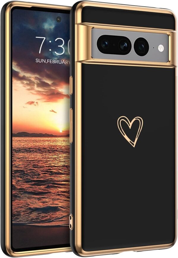 GUAGUA — tenký TPU kryt na Google Pixel 7 Pro so vzorom sŕdc a pokovovaným okrajom čierny