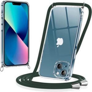 Coiwxmoi — priehľadný TPU kryt na iPhone 13 s nastaviteľnou šnúrkou na krk, šnúrka tmavozelená