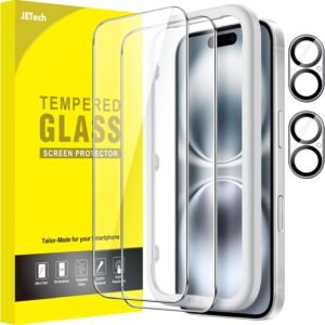 JETech — tvrdené sklo na iPhone 16 (6,1") s ochranou fotoaparátu a rámikom, 2 + 2 kusy