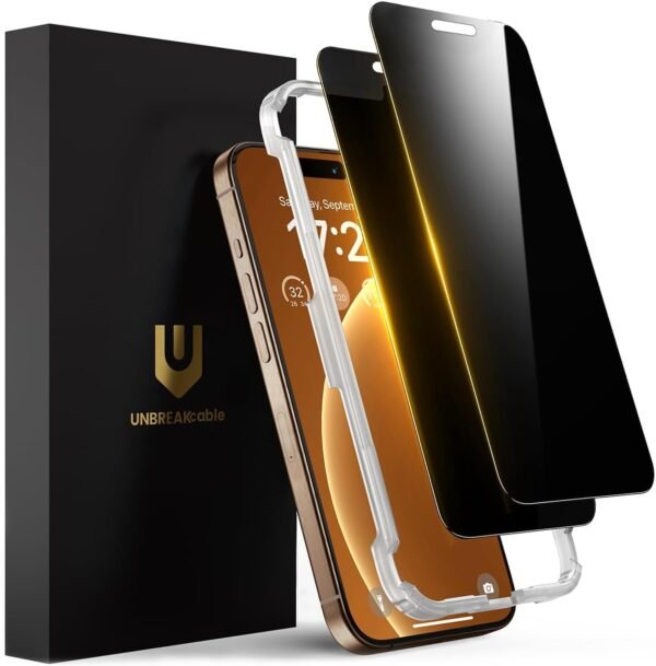 UNBREAKcable UBMU597 — ochranné sklo s filtrom súkromia na iPhone 16 Pro, 2 kusy s rámčekom