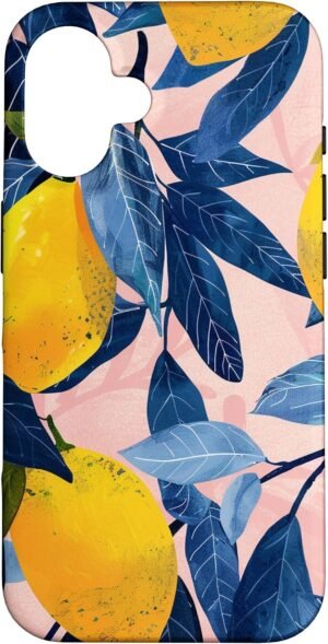 Kryt na iPhone 16 s potlačou vintage ilustrácie žltých citrónov a modrých listov