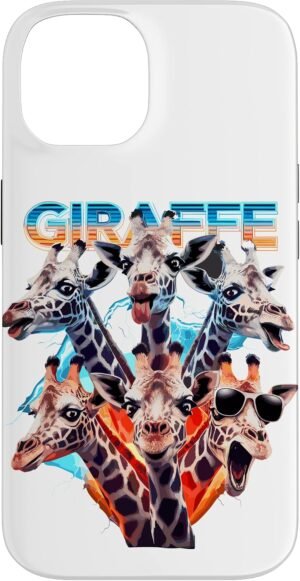 Puzdro na iPhone 14 s potlačou žiráf a nápisom Giraffe v retro štýle 90. rokov biele