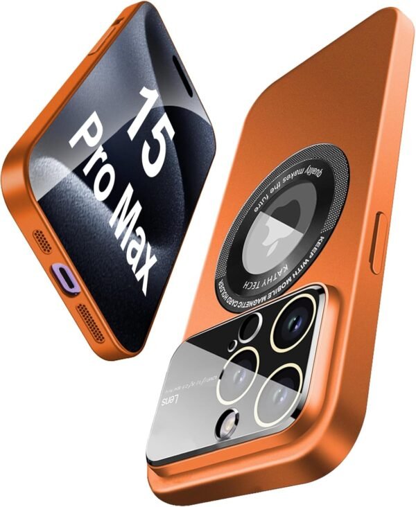 lisade — magnetický matný obal na iPhone 15 Pro Max s ochranou fotoaparátu, MagSafe, oranžový