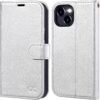 OCASE — knižkové puzdro na iPhone 15 z PU kože s priehradkami na karty a RFID ochranou strieborné