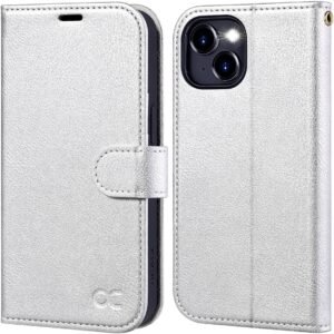 OCASE — knižkové puzdro na iPhone 15 z PU kože s priehradkami na karty a RFID ochranou strieborné