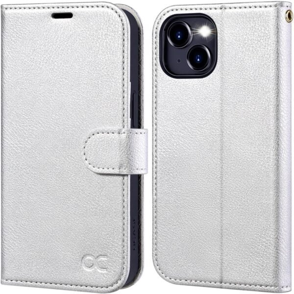 OCASE — knižkové puzdro na iPhone 15 z PU kože s priehradkami na karty a RFID ochranou strieborné