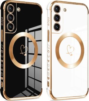 Pnakqil — magnetické silikónové kryty na Samsung Galaxy S21 5G so srdcami, 2 kusy čierny a biely