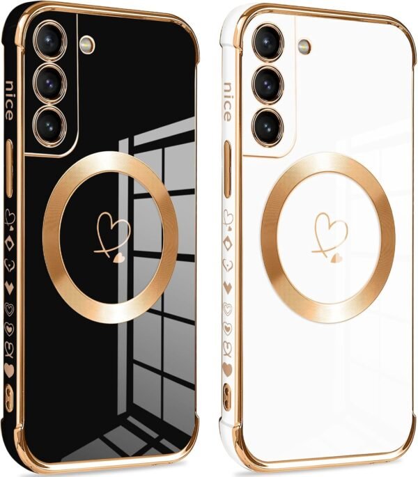 Pnakqil — magnetické silikónové kryty na Samsung Galaxy S21 5G so srdcami, 2 kusy čierny a biely