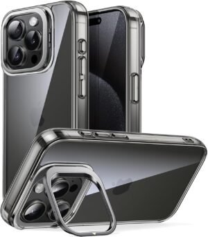 JETech — kryt na iPhone 15 Pro Max so stojanom v krúžku fotoaparátu a čírym chrbtom Black Titanium