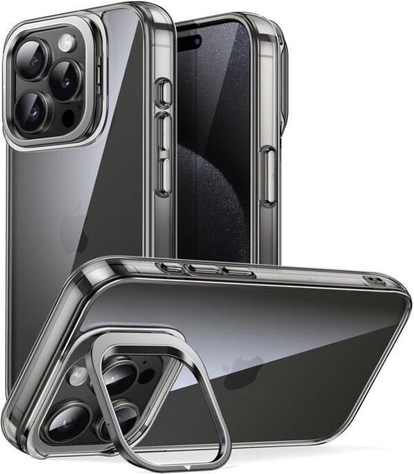 JETech — kryt na iPhone 15 Pro Max so stojanom v krúžku fotoaparátu a čírym chrbtom Black Titanium