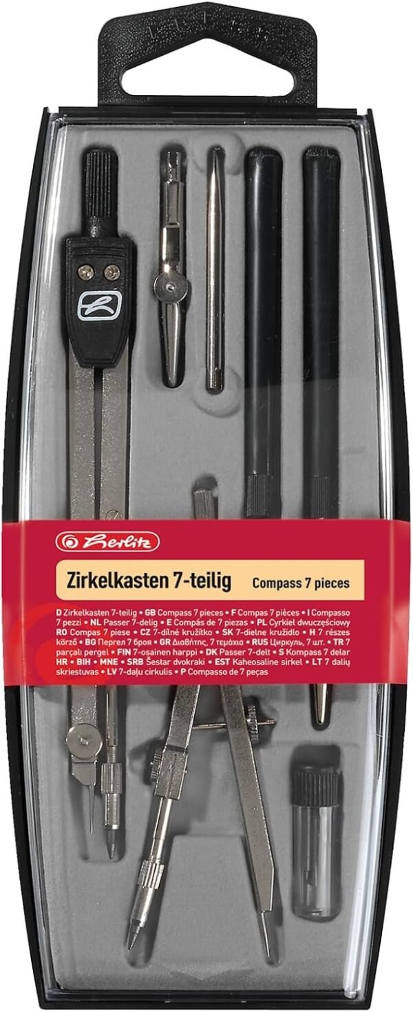 Herlitz 8710105 — 7-dielne kružidlo v puzdre s náhradnými tuhami a rysovacím perom strieborné