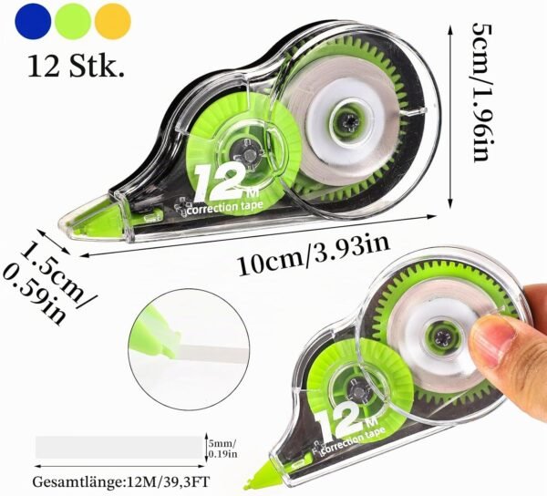 Lanjue korekčný roller 12 ks — korekčná páska 5 mm x 12 m s ochranným viečkom, 3 farby