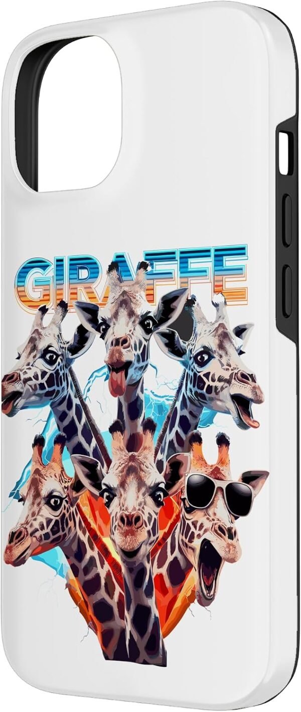 Puzdro na iPhone 14 s potlačou žiráf a nápisom Giraffe v retro štýle 90. rokov biele