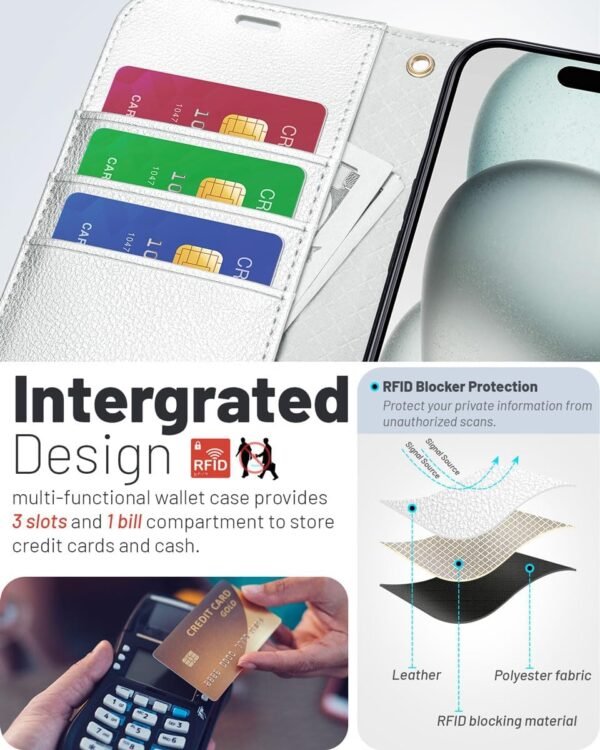 OCASE — knižkové puzdro na iPhone 15 z PU kože s priehradkami na karty a RFID ochranou strieborné