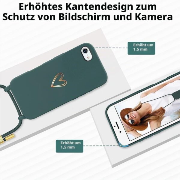 MoEvn — silikónový kryt so šnúrkou na krk na iPhone SE 2022/2020, 8 a 7 so vzorom sŕdc zelený