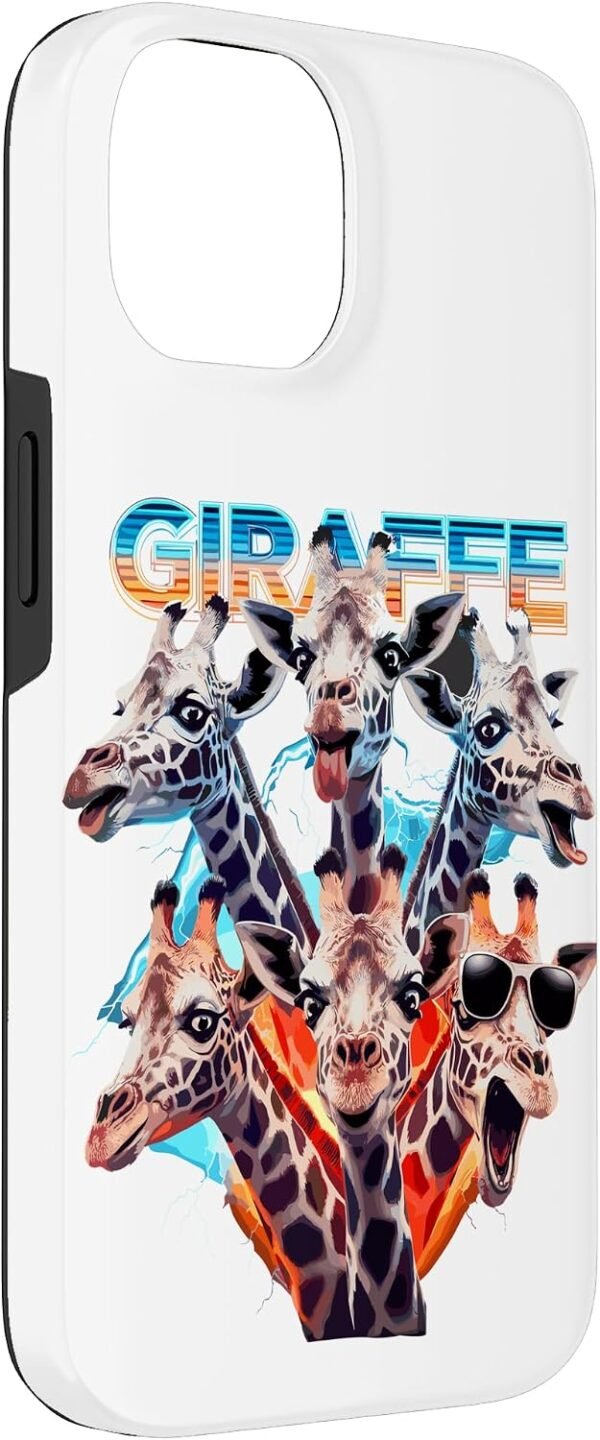 Puzdro na iPhone 14 s potlačou žiráf a nápisom Giraffe v retro štýle 90. rokov biele