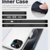 OCASE — knižkové puzdro na iPhone 15 z PU kože s priehradkami na karty a RFID ochranou strieborné