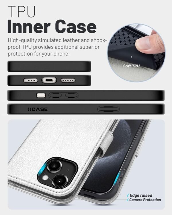 OCASE — knižkové puzdro na iPhone 15 z PU kože s priehradkami na karty a RFID ochranou strieborné