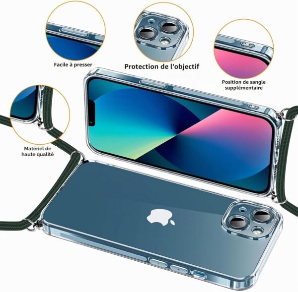 Coiwxmoi — priehľadný TPU kryt na iPhone 13 s nastaviteľnou šnúrkou na krk, šnúrka tmavozelená