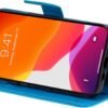 VEEMOS — knižkové puzdro na iPhone 13 s motívom mačky a stromu a priehradkami na karty modré