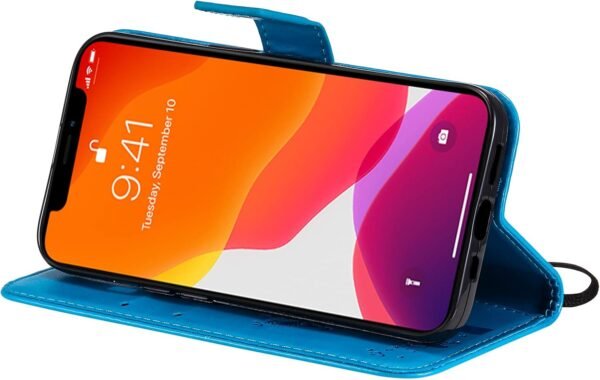 VEEMOS — knižkové puzdro na iPhone 13 s motívom mačky a stromu a priehradkami na karty modré