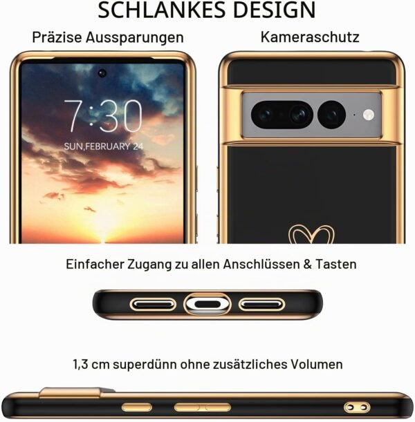 GUAGUA — tenký TPU kryt na Google Pixel 7 Pro so vzorom sŕdc a pokovovaným okrajom čierny